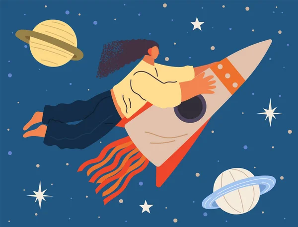 Astronautin Fliegt Mit Rakete Zwischen Planeten Und Sternen Weltall Als — Stockvektor