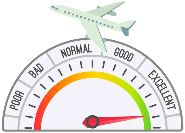 速度计和飞机在天空中飞行 测量飞机的速度 带箭头和扇形的仪表盘 各大洲之间的旅行速度 带天平的飞机速度计 — 图库矢量图片