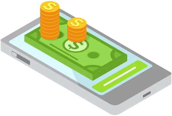 スマートフォンやインターネットでオンラインでお金を稼ぐ アプリから支払われる 携帯電話の画面上のドル紙幣の山 優れた収入と賃金 給与や給与の高いキャリアの成功 — ストックベクタ