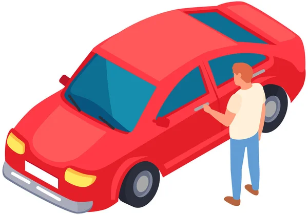男は赤い車の近くに立っている 車を購入する 車の購入 取引の概念を作る 輸送をチェックする男性キャラクター 乗用車のベクトルイラストの横にある男性 — ストックベクタ