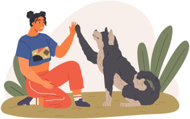 Dişi hayvan sahibi köpekle oynuyor. Dört ayaklı arkadaş kavramını önemsiyorum. Köpekli mutlu bayan, evcil hayvan, evde insan yoldaş. Köpek emirlere uyar, kadına pençe atar. Köpek eğiten kız.