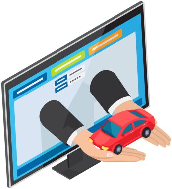 Araba almak için bilgisayar programı. Ekranda taşınmak ya da kiralanmak için web sitesi. Araç ticaret platformunda. İnternet üzerinden araba satma teknolojisi. Araba kiralama web sayfası tasarım vektör çizimi