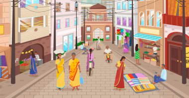 Indian market with people and different shops with ancient cityscape at background. Ceramics, fabrics, carteps, spices, sweets, vegetables. Asian characters, oriental bazaar, authentic marketplace