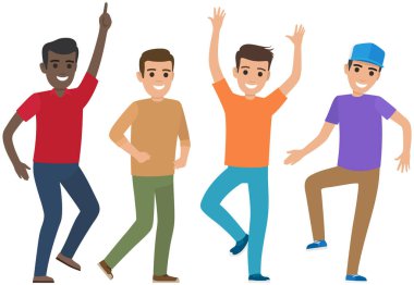 Dans eden ve yılan gibi el kaldıran genç adamlar. Kutlama partisi, etkinlik, heyecan verici bir konsept. Erkek karakterler müziğe ritim tutarlar. Dans eden erkekler sevinir. Zafer sevinci, başarı