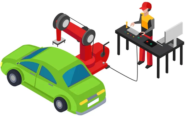 労働者は自動車の自動生産のプロセスを制御する ロボットアームや整備士やエンジニアと車のボディ 人はコントロールパネルを使用してロボットの仕事を管理する 車両の自動車建設 — ストックベクタ