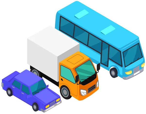 在公路上开车时的交通 集不同的汽车 乘车环城 公路交通概念 白色背景下隔离的客车 卡车和客车 — 图库矢量图片