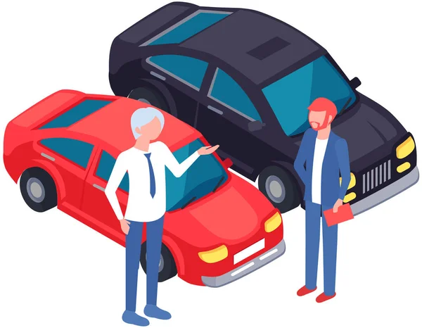 Мужчины Стоящие Возле Красной Машины Коллеги Обсуждают Покупку Автомобиля Покупка — стоковый вектор