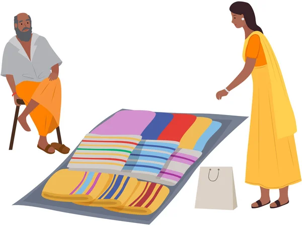 Ινδικό Παζάρι Δρόμου Άνθρωπος Πουλάει Χαλιά Και Υφάσματα Γυναίκες Αγοραστές — Διανυσματικό Αρχείο