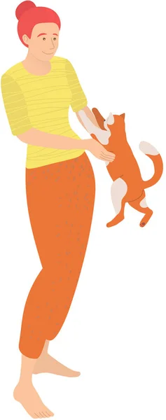 Владелец Домашнего Животного Играет Кошкой Заботиться Четвероногих Друзьях Счастливая Женщина — стоковый вектор