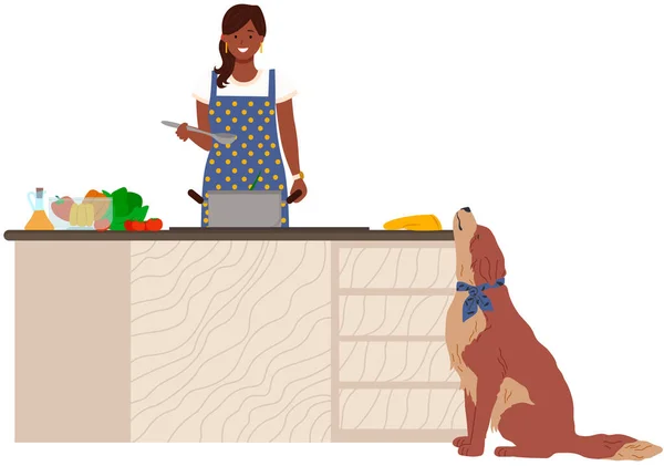 Женщина Смешивает Ингредиенты Еды Кухне Женщина Готовит Еду Собакой Дома — стоковый вектор