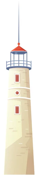 大红白相间的灯塔矗立在石头上 大型旧式滨海航海设备在滨海塔上的施工 大灯笼为夜间航行的船只照明 — 图库矢量图片
