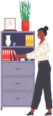 Kadın sekreter yanında belgelerle birlikte. Vektör iş kadını ya da öğrenci kağıt dosyalarla dosya çıkarıyor. Ofis çalışanı arşiv dosyalarını alır. Kız, asistanları ofiste klasörleri rafa kaldırıyor