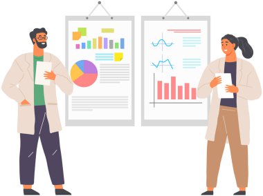 Çözüm arayışı, bilimsel analiz konsepti. İstatistiksel tabloya bakan bir kadın. Bilim adamı veri analizi ve istatistik araştırmaları üzerinde çalışıyor. Büyüteci olan kişi diyagramı analiz eder