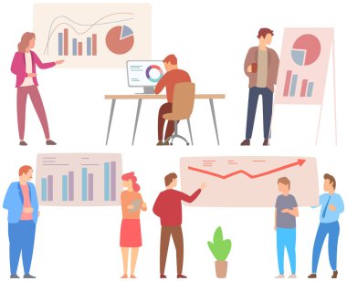 Müdür istatistiksel rapor analiz çizelgelerinin sunumunu yapıyor. Planlama işi. Proje yönetimi, mali raporlama ve strateji için takım çalışması danışmanlığı. Veri analizi araştırma istatistikleri