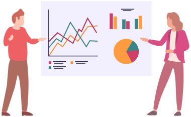 Müdür istatistiksel rapor analiz çizelgelerinin sunumunu yapıyor. Planlama işi. Proje yönetimi, mali raporlama ve strateji için takım çalışması danışmanlığı. Veri analizi araştırma istatistikleri