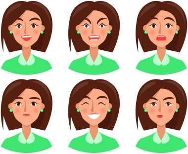 Positive and negative face expressions of woman. Cute faces of cartoon characters vector illustration. Expressing human emotion concept. Set of female emotions. Happy, sad, neutral and angry people