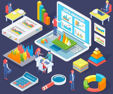 Ofiste iletişim kuran iş adamları istatistikleri tartışıyor, farklı grafik ve grafikleri analiz ediyorlar. Finansal muhasebe konsepti. Organizasyon süreci, analitik, planlama, rapor, pazar analizi