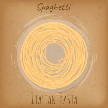 Yuvarlak çerçevede servis edilen İtalyan spagetti makarnası. Bej arka planda uzun makarna üst görünümü. Geleneksel İtalyan yemeği, çiğ ürün, restoranda yemek pişirmek için ana yemek malzemesi.