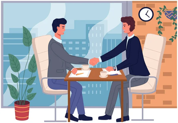 Geschäftspartnerschaftliche Zusammenarbeit Beginnt Geschäftsleute Beim Händeschütteln Nach Der Vertragsunterzeichnung Geschäftstreffen — Stockvektor