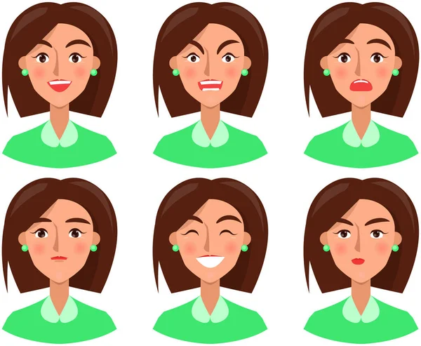 Positive Negative Face Expressions Woman Cute Faces Cartoon Characters Vector — Vector de stock