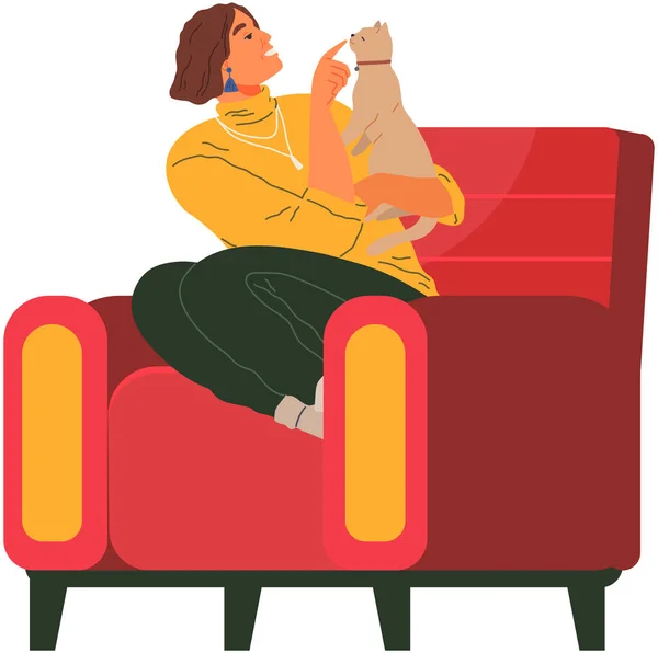 Tierbesitzerin Sitzt Und Spielt Mit Katze Sessel Tierpflege Gemeinsamer Zeitvertreib — Stockvektor