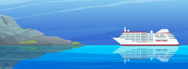 沿着海滨航行的大型客轮 乘游艇从海上旅行的概念 现代船只在公海上 晴天乘游轮在水上航行 海洋和船舶上美丽的风景 — 图库矢量图片