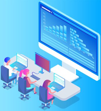 Ofiste iletişim kuran iş adamları istatistikleri tartışıyor, farklı grafik ve grafikleri analiz ediyorlar. Finansal muhasebe konsepti. Organizasyon süreci, analitik, planlama, rapor, pazar analizi