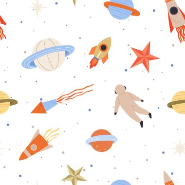 Seamless childish pattern with space elements. Creative background with astronaut flying among rockets and planets. Design of galaxy print for kids abric, wrapping, wallpaper, textile, apparel