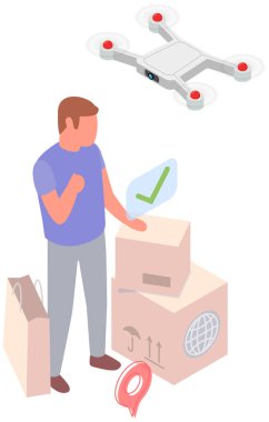 Kurye uçan kuadkopter paketini müşteriye teslim eder. Gelecekteki teknolojiler, kuadrokopter, uzaktan kumanda, irtibatsız güvenli teslimat servisi. Modern uçuşu kullanarak hava yoluyla mal taşımacılığı