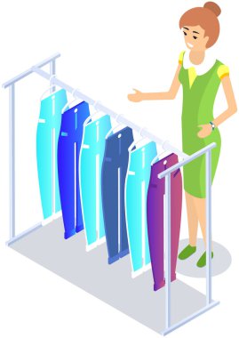 Choosing clothes in store, shopping concept. Female buyer chooses clothing in dressing room. Customer with dress hanging on hanger in mall. Woman shopper stands in fitting room of store or boutique