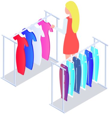 Choosing clothes in store, shopping concept. Female buyer chooses clothing in dressing room. Customer with dress hanging on hanger in mall. Woman shopper stands in fitting room of store or boutique