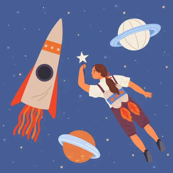 Astronaut Woman Jet Backpack Flying Planets Rockets Lady Dressed Spaceman — Image vectorielle