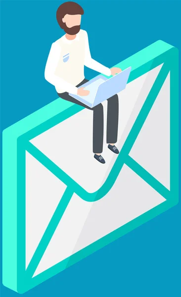 Businessman Working His Laptop Office Receiving Sending Email Communicating Clients — Stock Vector