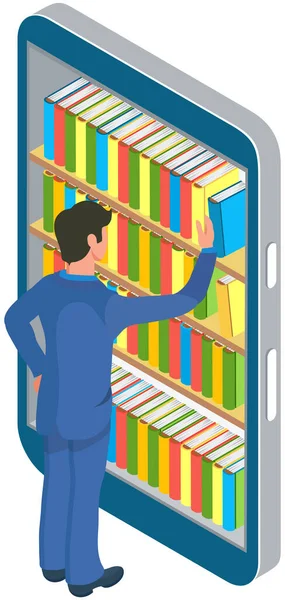Hombre Elige Libro Biblioteca Digital Línea Librería Aplicación Teléfono Inteligente — Vector de stock