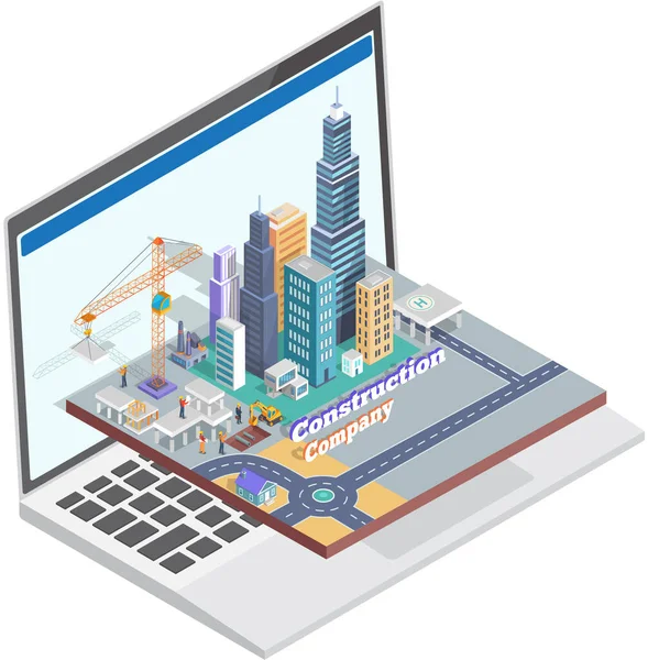 Skyscraper Different Buildings Stand Laptop Town Your Computer Concept Modern — Stock Vector