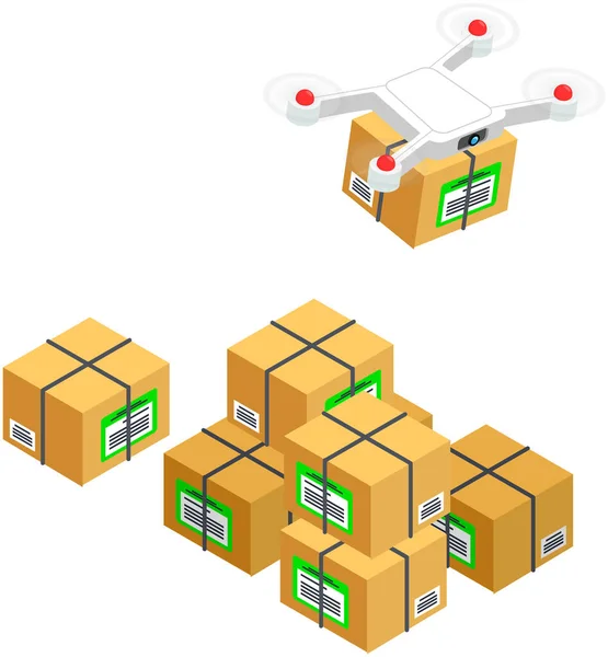 Szállítási Szolgáltatás Szállít Csomag Segítségével Repülő Drón Dobozok Áruk Háztól — Stock Vector