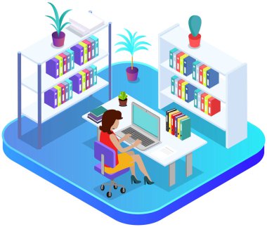 Office workplace. Business woman working with laptop and documents on shelf. Employee working from home, remote job using personal computer for tasks completion. Student studying independently