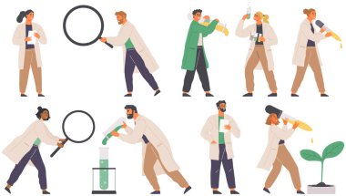 Bilim adamı ekipmanlarla laboratuvar analizi yapıyor. Kimya, bilim fikri. Laboratuvar asistanı bilimsel deney yürütüyor. Kimyasal araştırmalar şişe, bitki ve DNA molekülleriyle yapılıyor.