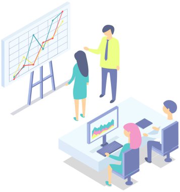 Ofiste iletişim kuran iş adamları istatistikleri tartışıyor, farklı grafik ve grafikleri analiz ediyorlar. Finansal muhasebe konsepti. Organizasyon süreci, analitik, planlama, rapor, pazar analizi