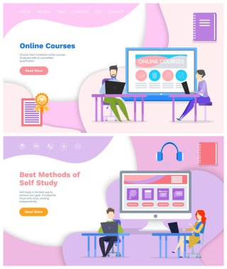 En iyi çalışma yöntemleri, online kurslar konsepti. İnternet üzerinden uzaktan öğrenme ile online öğrenim görenler. Elektronik cihazlarda eğitim içeriği. Eğitim web sitesi iniş sayfası şablonu