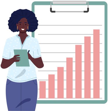Veri analizi istatistik konsepti. İstatistik, strateji, iş geliştirme ile çalış. Bayan çalışan istatistiksel araştırmaların sonuçlarını sunar. Dijital teknolojilerle çalış