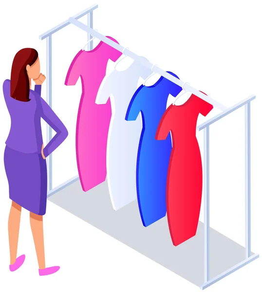 店内で服を選ぶ ショッピングコンセプト 女性のバイヤーはドレッシングルームで服を選択します ショッピングモールでハンガーにかけてドレスを持つお客様 女性の買い物客は店やブティックのフィッティングルームに立つ — ストックベクタ