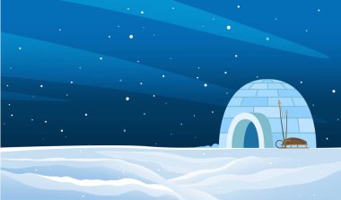 Igloo, karlı kış manzarasında buz tuğlalarından yapılmıştır. Kuzeyli yerli aileler için konut. Kar evi ya da kulübe tek kişilik. Kuzey Kutbu 'ndaki kutup bölgesinin güzel manzarası.