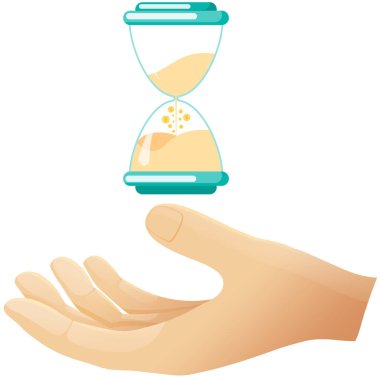 Beyaz arka planda insan eliyle izole edilmiş kum saati. İçinde zamanı ölçmek için kum bulunan eski bir kum saati. Çizgi film düz tasarım vektörü kum saati, retro zamanlayıcı, iş ve zaman yönetimi kavramı