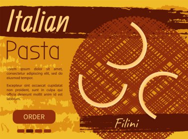 İtalyan ulusal mutfak kafesi afişi. Mağaza reklamı, restoran menüsü, yemek logosu için tasarım. İtalyan makarna yazıları ve makarna, eski usul erişte. Makarna, geleneksel yemek.