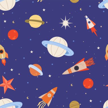 Seamless childish pattern with space elements. Creative background with astronaut flying among rockets and planets. Design of galaxy print for kids abric, wrapping, wallpaper, textile, apparel