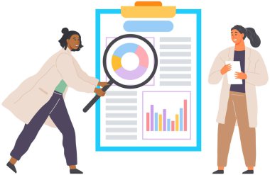 Çözüm arayışı, bilimsel analiz konsepti. İstatistiksel tabloya bakan bir kadın. Bilim adamı veri analizi ve istatistik araştırmaları üzerinde çalışıyor. Büyüteci olan kişi diyagramı analiz eder