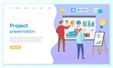 Ofis çalışanları yeni proje ya da fikir sundular. Şirketin istatistiksel raporlarıyla çalışan çalışanlar. Veriler ve istatistiklerle iş sunumu. İş web sitesi iniş sayfası şablonu veya ana sayfası