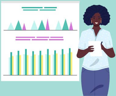 Veri analizi istatistik konsepti. İstatistik, strateji, iş geliştirme ile çalış. Bayan çalışan istatistiksel araştırmaların sonuçlarını sunar. Dijital teknolojilerle çalış