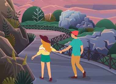 Bir çift kız ve erkek parkta ya da kırsalda yürürken, insanlar el ele tutuşarak doğada yürürler, kadın ve erkek birlikte boş zaman geçirirler, açık hava aktiviteleri, dağ manzarası ile akşam manzarası.